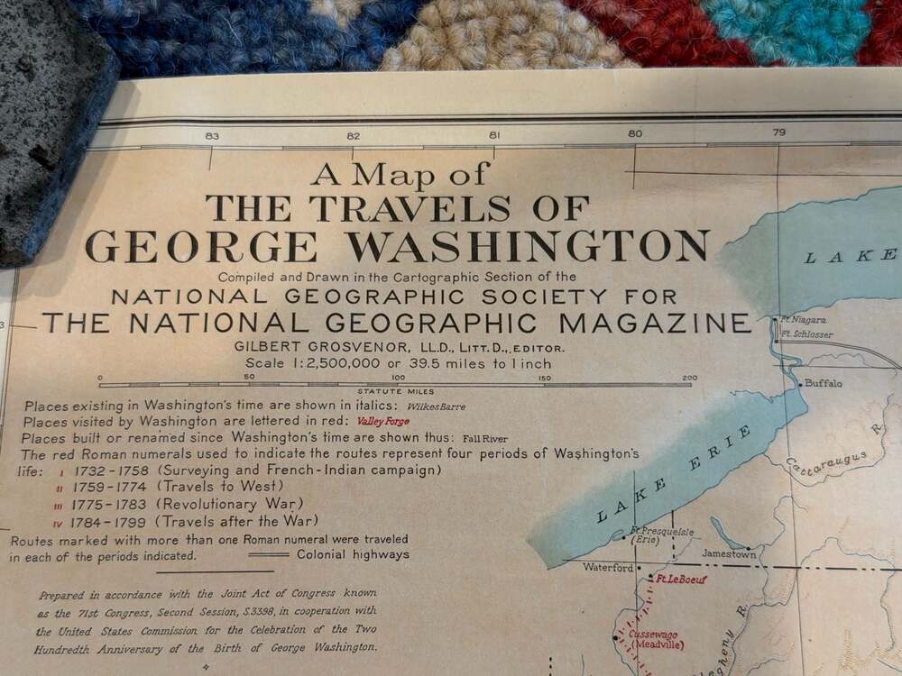 1931 The Travels of George Washington National Geographic Map. Linen‎ backed.